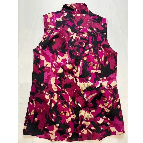Anne Klein Blouse Women XS Pink Black Excellent Tie Neck Abstract Sleeveless - Picture 8 of 8